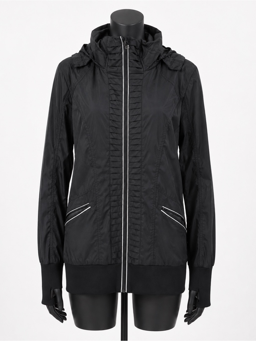 lululemon athletica Black Hooded Bomber with Ruffle Center Trim